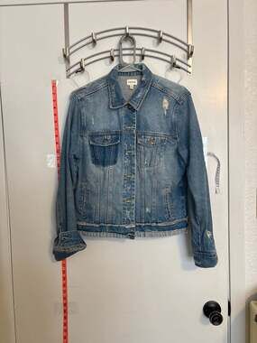 Sneak Peek Distressed Medium Wash Denim Trucker Jacket